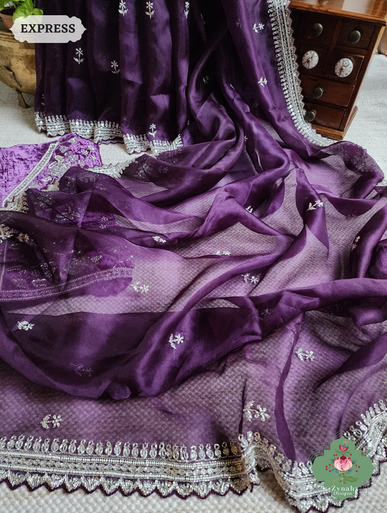 Zynah Aubergine Organza Silk Saree With Silver Cutdana Hand Embellishments; Custom Stitched/Ready-made Blouse, Fall, Petticoat; SKU: 2711202402