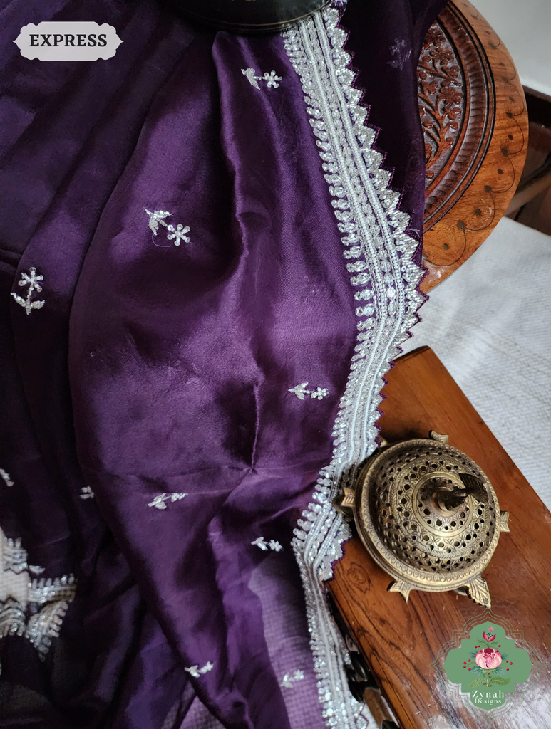 Zynah Aubergine Organza Silk Saree With Silver Cutdana Hand Embellishments; Custom Stitched/Ready-made Blouse, Fall, Petticoat; SKU: 2711202402