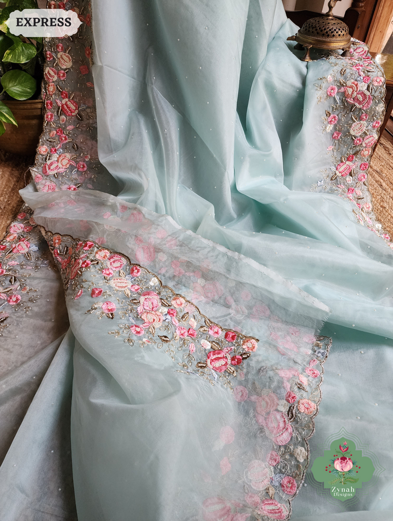 Zynah Baby Blue Organza Silk Saree With Delicate Floral Embroidery & Hand Embellished With Pearls & Cutdana Beads; Custom Stitched/Ready-made Blouse, Fall, Petticoat; SKU: 0503202502