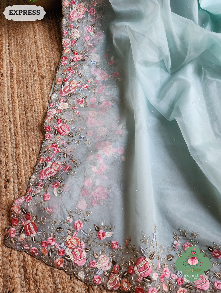 Zynah Baby Blue Organza Silk Saree With Delicate Floral Embroidery & Hand Embellished With Pearls & Cutdana Beads; Custom Stitched/Ready-made Blouse, Fall, Petticoat; SKU: 0503202502