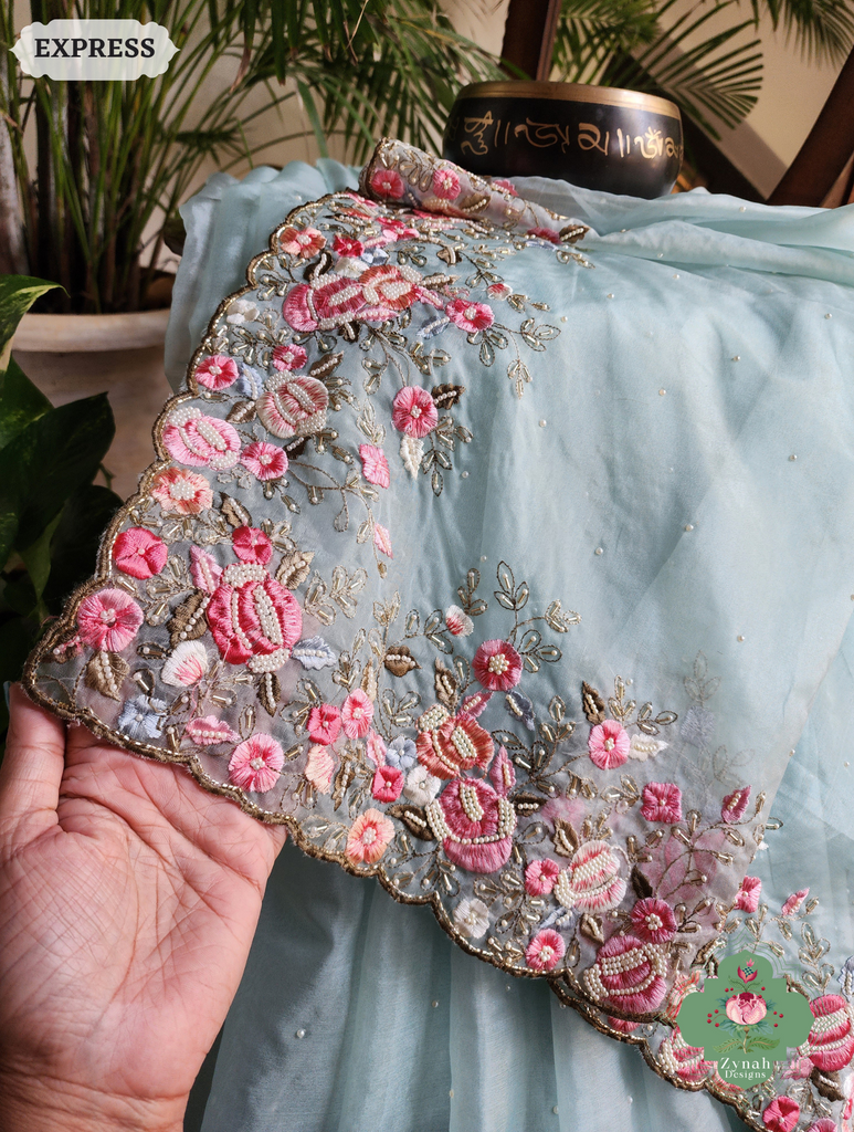 Zynah Baby Blue Organza Silk Saree With Delicate Floral Embroidery & Hand Embellished With Pearls & Cutdana Beads; Custom Stitched/Ready-made Blouse, Fall, Petticoat; SKU: 0503202502
