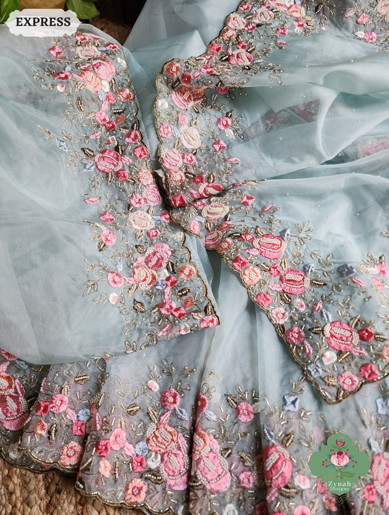 Zynah Baby Blue Organza Silk Saree With Delicate Floral Embroidery & Hand Embellished With Pearls & Cutdana Beads; Custom Stitched/Ready-made Blouse, Fall, Petticoat; SKU: 0503202502