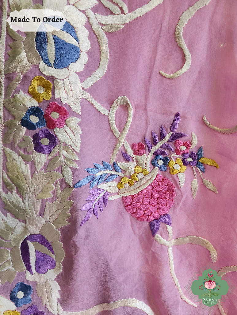 Baby Pink Crepe Silk Hand Embroidered Parsi Gara Saree 10