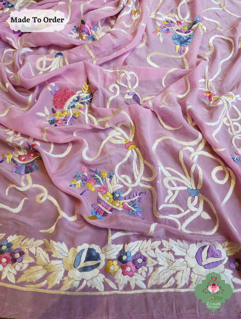Zynah Made To Order Baby Pink Crepe Silk Hand Embroidered Parsi Gara Saree, Flower Basket & Floral Motifs; Custom Stitched/Ready-made Blouse, Fall, Petticoat; SKU: 2706202404