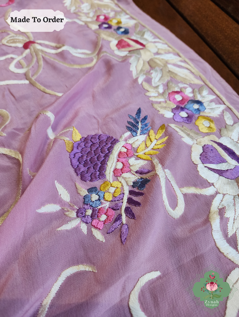 Baby Pink Crepe Silk Hand Embroidered Parsi Gara Saree 12