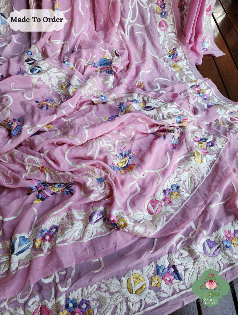 Baby Pink Crepe Silk Hand Embroidered Parsi Gara Saree 13