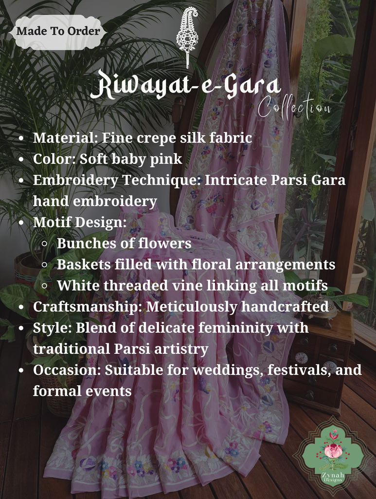 Baby Pink Crepe Silk Hand Embroidered Parsi Gara Saree 2