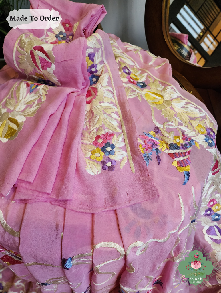 Baby Pink Crepe Silk Hand Embroidered Parsi Gara Saree 4
