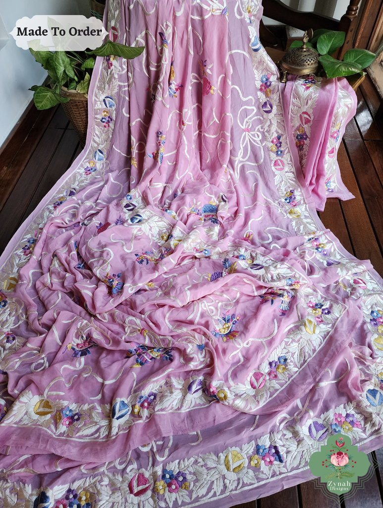 Baby Pink Crepe Silk Hand Embroidered Parsi Gara Saree 5