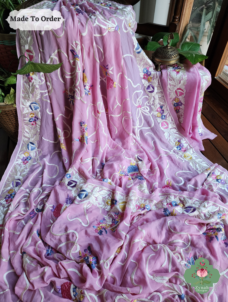 Baby Pink Crepe Silk Hand Embroidered Parsi Gara Saree 6