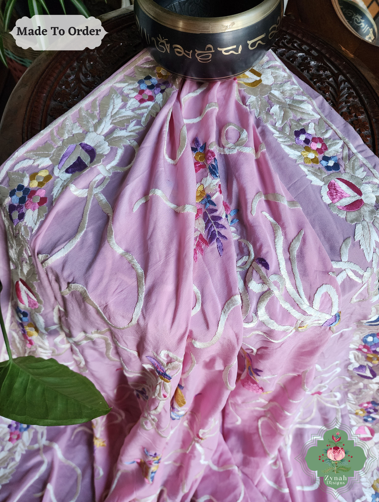 Baby Pink Crepe Silk Hand Embroidered Parsi Gara Saree 7