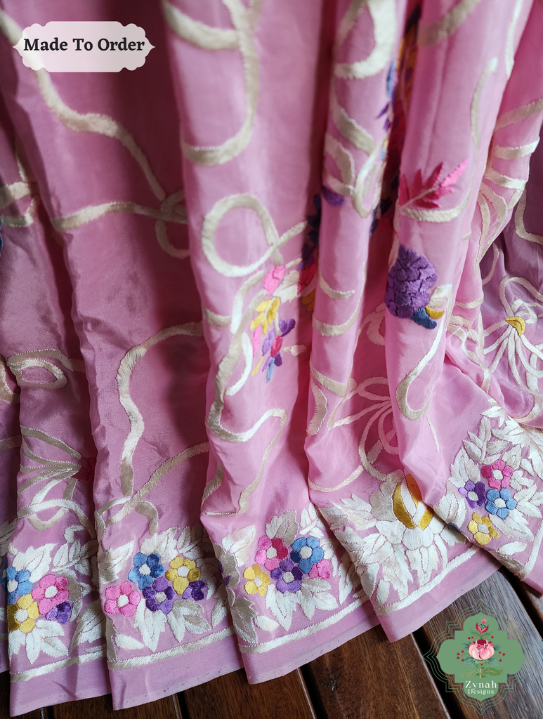 Baby Pink Crepe Silk Hand Embroidered Parsi Gara Saree 8