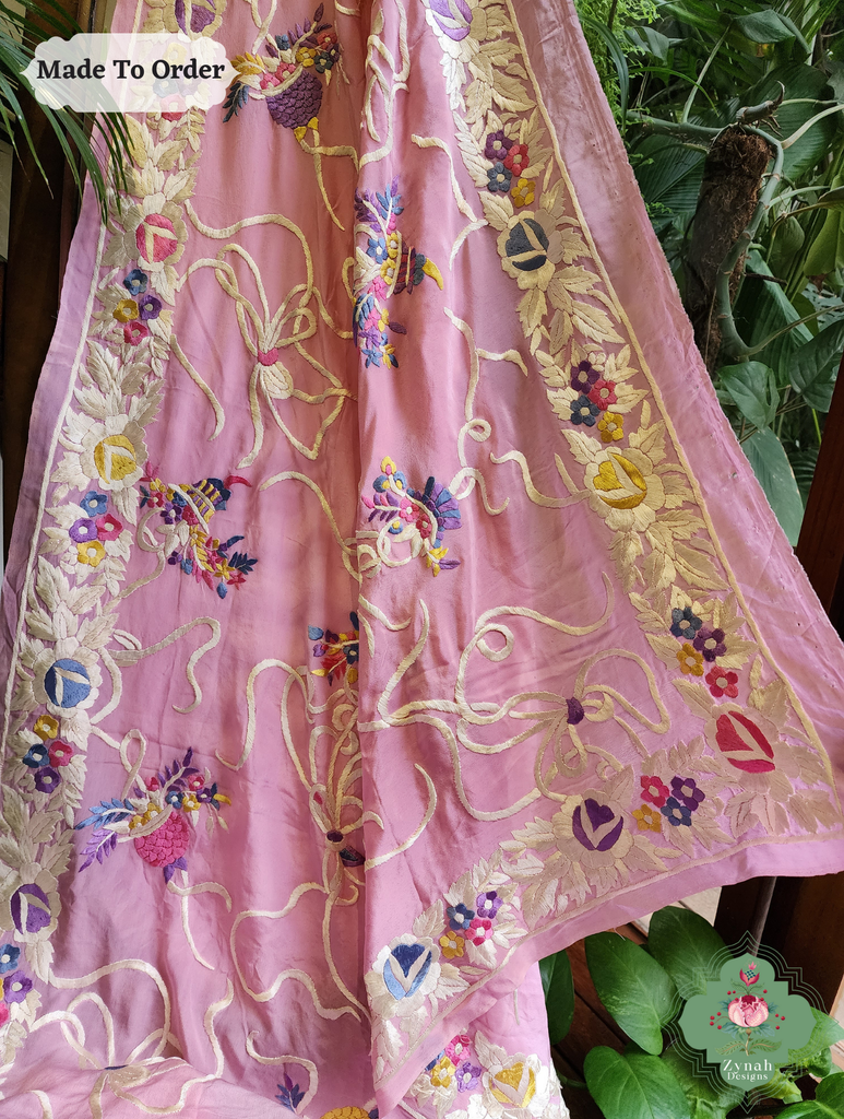 Baby Pink Crepe Silk Hand Embroidered Parsi Gara Saree 8