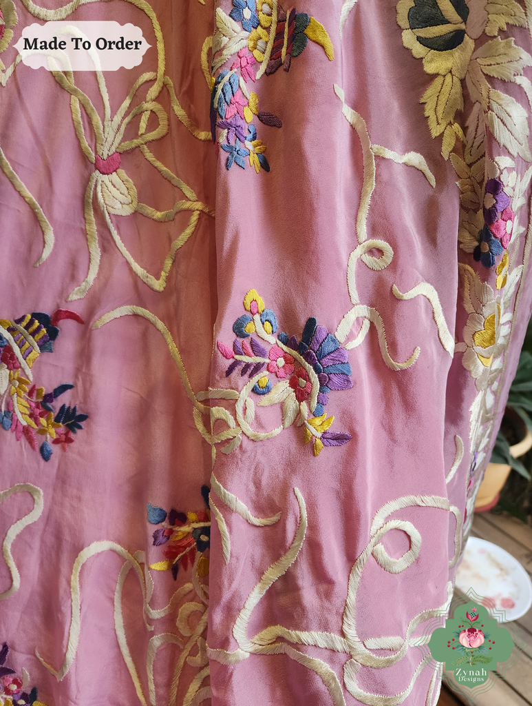 Baby Pink Crepe Silk Hand Embroidered Parsi Gara Saree 9