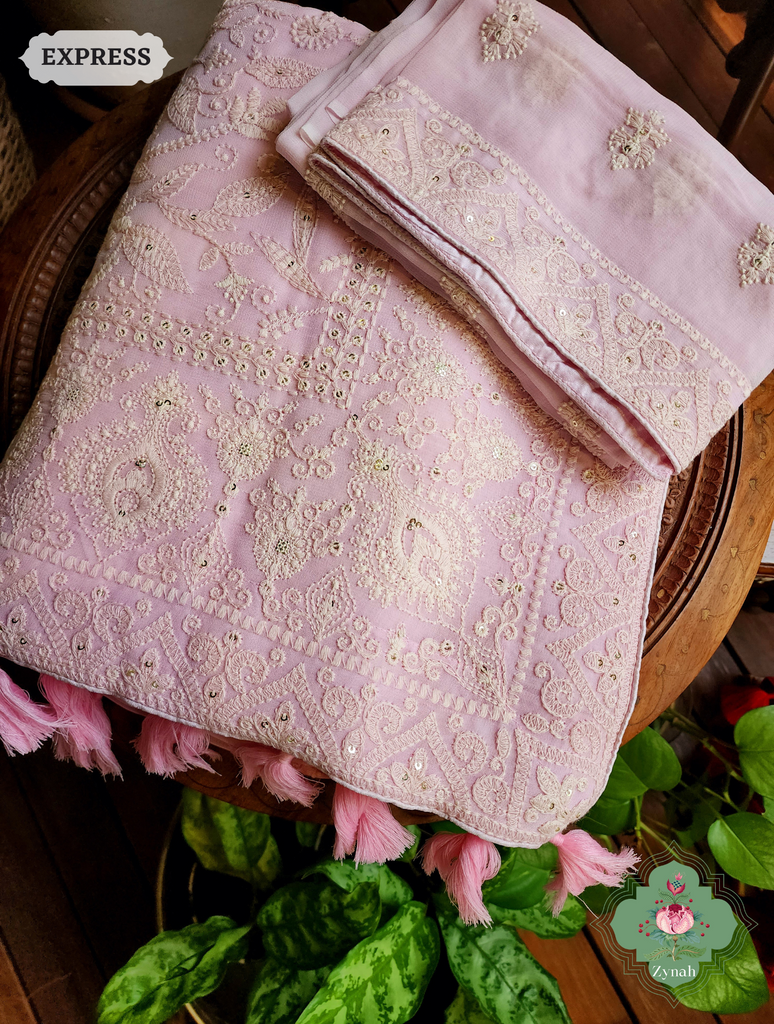Zynah Baby Pink Pure Georgette Chikankari Saree; Custom Stitched/Ready-made Blouse, Fall, Petticoat; SKU: 2608202301