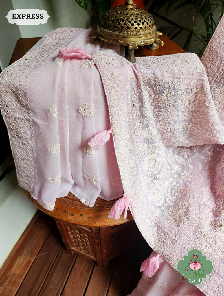 Zynah Baby Pink Pure Georgette Chikankari Saree; Custom Stitched/Ready-made Blouse, Fall, Petticoat; SKU: 2608202301