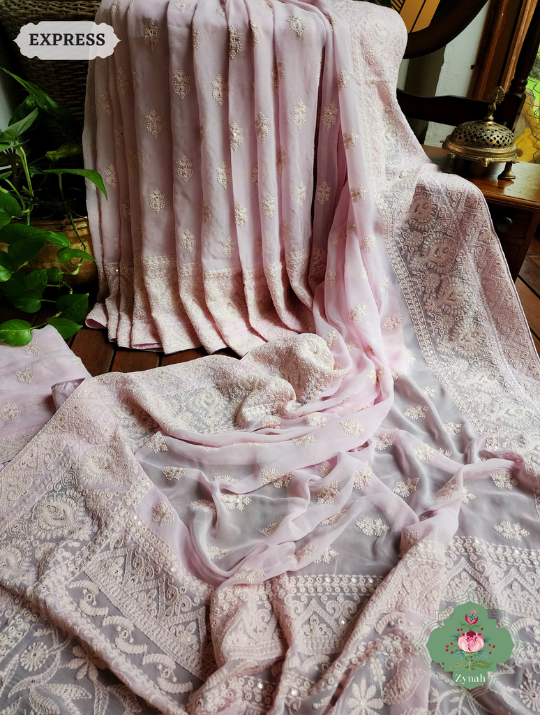 Zynah Baby Pink Pure Georgette Chikankari Saree; Custom Stitched/Ready-made Blouse, Fall, Petticoat; SKU: 2608202301