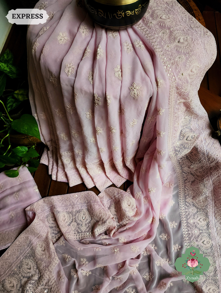 Zynah Baby Pink Pure Georgette Chikankari Saree; Custom Stitched/Ready-made Blouse, Fall, Petticoat; SKU: 2608202301