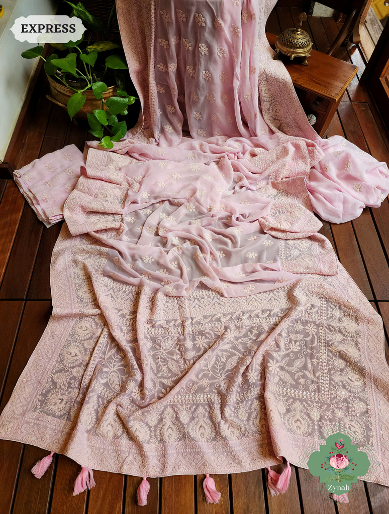 Zynah Baby Pink Pure Georgette Chikankari Saree; Custom Stitched/Ready-made Blouse, Fall, Petticoat; SKU: 2608202301