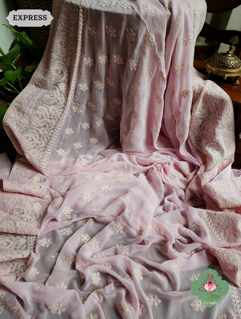 Zynah Baby Pink Pure Georgette Chikankari Saree; Custom Stitched/Ready-made Blouse, Fall, Petticoat; SKU: 2608202301