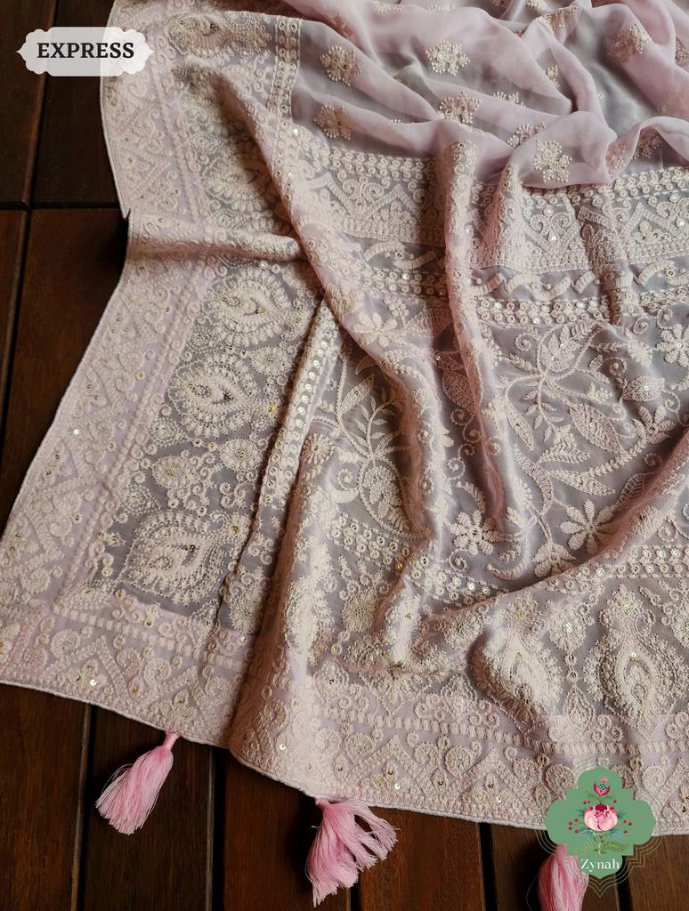 Zynah Baby Pink Pure Georgette Chikankari Saree; Custom Stitched/Ready-made Blouse, Fall, Petticoat; SKU: 2608202301