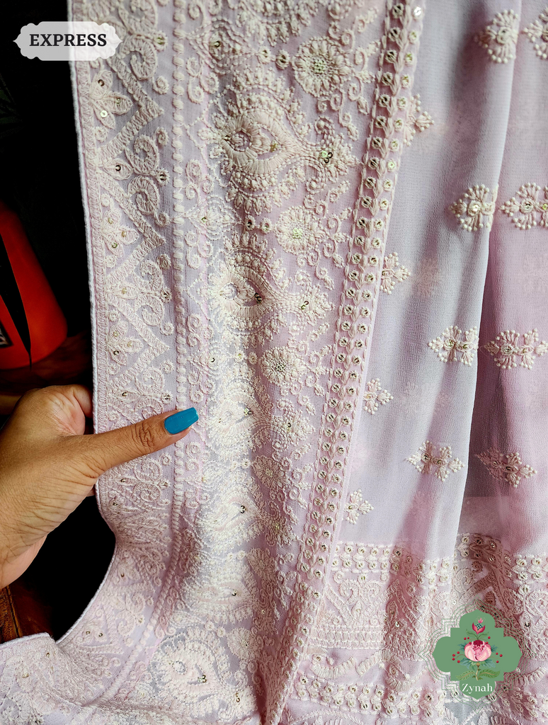 Zynah Baby Pink Pure Georgette Chikankari Saree; Custom Stitched/Ready-made Blouse, Fall, Petticoat; SKU: 2608202301