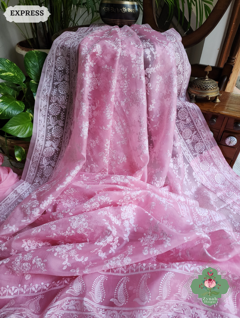Zynah Baby Pink Organza Saree With Chikankari Style Embroidery; Custom Stitched/Ready-made Blouse, Fall, Petticoat; SKU: 2901202504