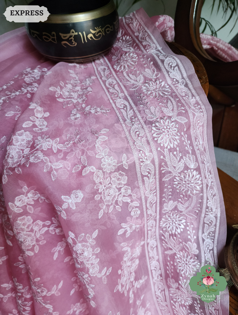 Zynah Baby Pink Organza Saree With Chikankari Style Embroidery; Custom Stitched/Ready-made Blouse, Fall, Petticoat; SKU: 2901202504