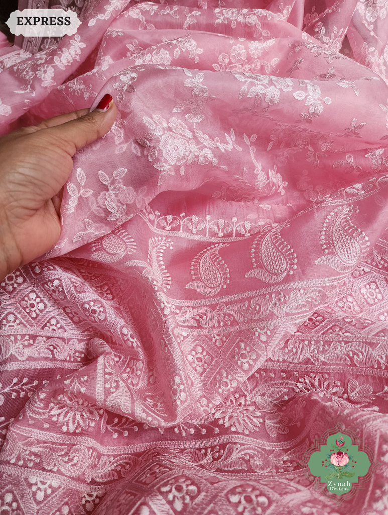Zynah Baby Pink Organza Saree With Chikankari Style Embroidery; Custom Stitched/Ready-made Blouse, Fall, Petticoat; SKU: 2901202504