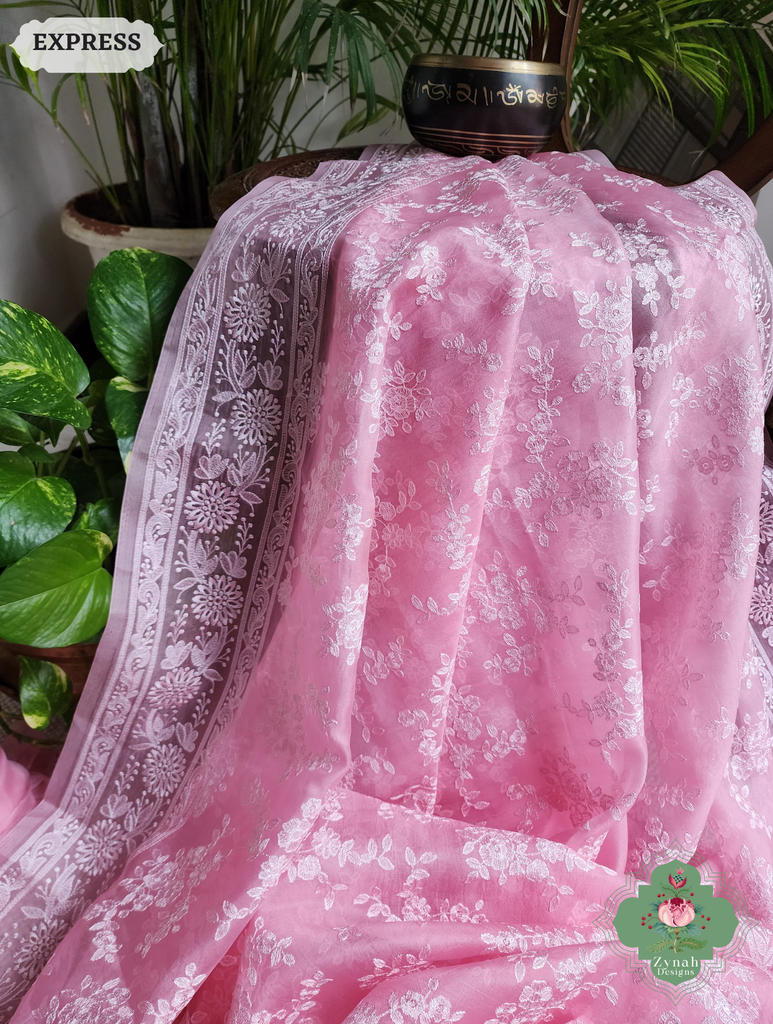 Zynah Baby Pink Organza Saree With Chikankari Style Embroidery; Custom Stitched/Ready-made Blouse, Fall, Petticoat; SKU: 2901202504
