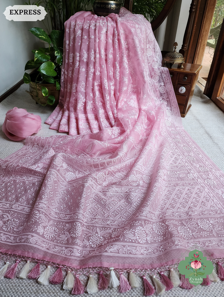 Zynah Baby Pink Organza Saree With Chikankari Style Embroidery; Custom Stitched/Ready-made Blouse, Fall, Petticoat; SKU: 2901202504