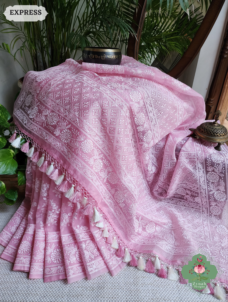 Zynah Baby Pink Organza Saree With Chikankari Style Embroidery; Custom Stitched/Ready-made Blouse, Fall, Petticoat; SKU: 2901202504