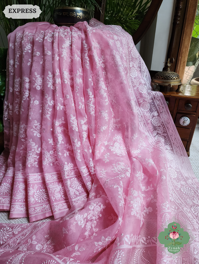Zynah Baby Pink Organza Saree With Chikankari Style Embroidery; Custom Stitched/Ready-made Blouse, Fall, Petticoat; SKU: 2901202504