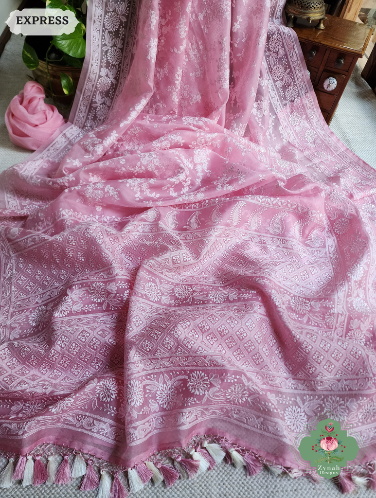 Zynah Baby Pink Organza Saree With Chikankari Style Embroidery; Custom Stitched/Ready-made Blouse, Fall, Petticoat; SKU: 2901202504