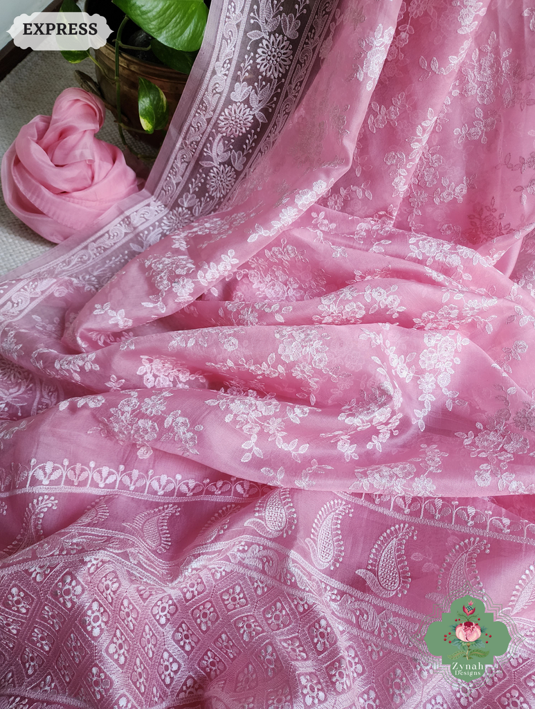 Zynah Baby Pink Organza Saree With Chikankari Style Embroidery; Custom Stitched/Ready-made Blouse, Fall, Petticoat; SKU: 2901202504