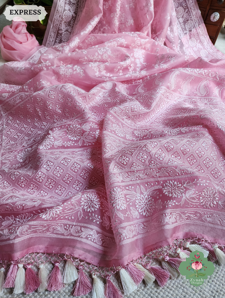 Zynah Baby Pink Organza Saree With Chikankari Style Embroidery; Custom Stitched/Ready-made Blouse, Fall, Petticoat; SKU: 2901202504