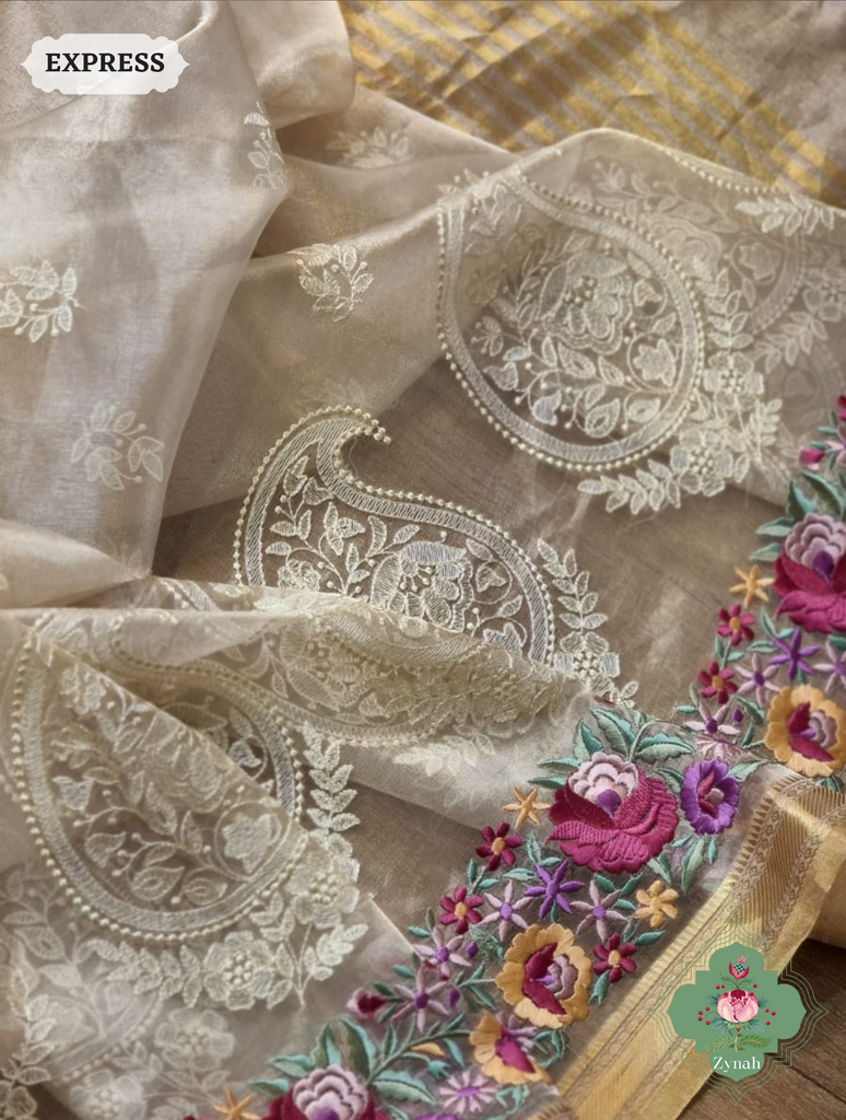 Off White Pure Tissue Silk Saree With Parsi Work & Chikankari Inspired Embroidery On The Border
