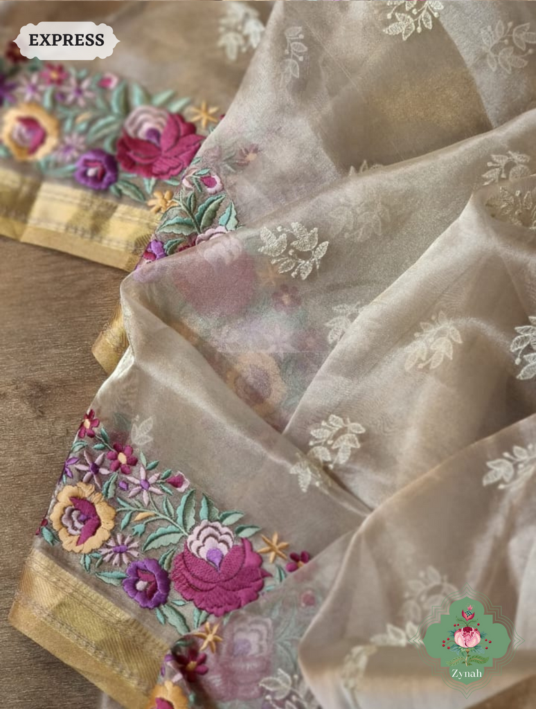 Off White Pure Tissue Silk Saree With Parsi Work & Chikankari Inspired Embroidery On The Border