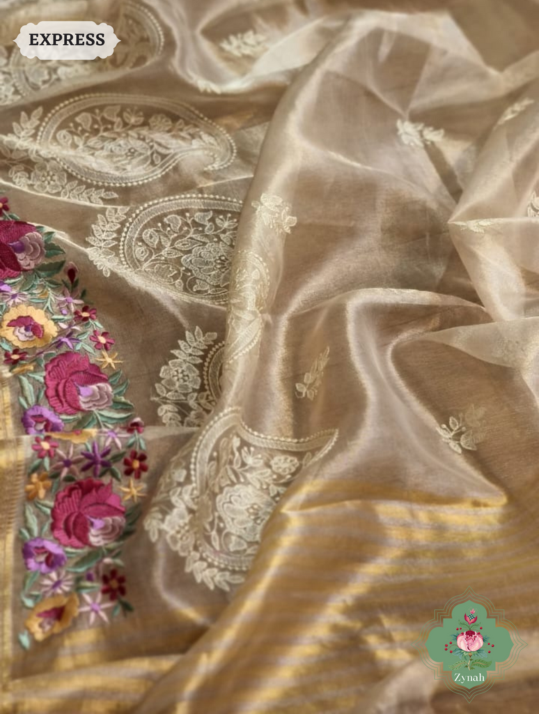 Off White Pure Tissue Silk Saree With Parsi Work & Chikankari Inspired Embroidery On The Border