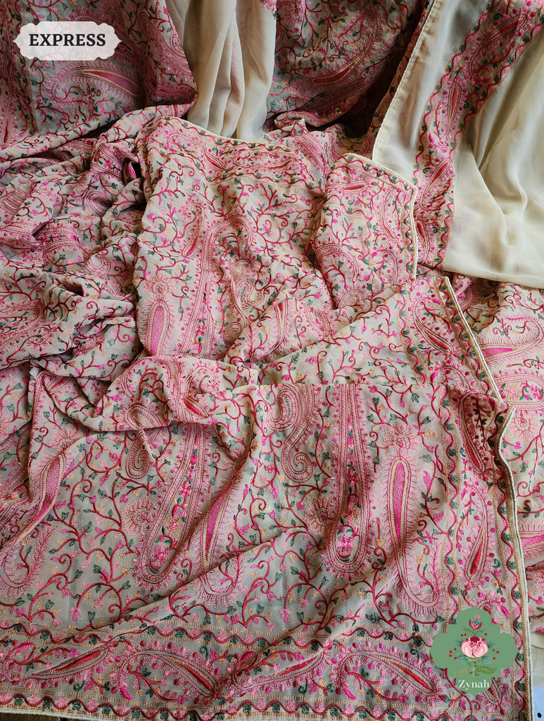 Zynah Beige Georgette Saree With Kashida Inspired Embroidery; Custom Stitched/Ready-made Blouse, Fall, Petticoat; SKU: 1412202301