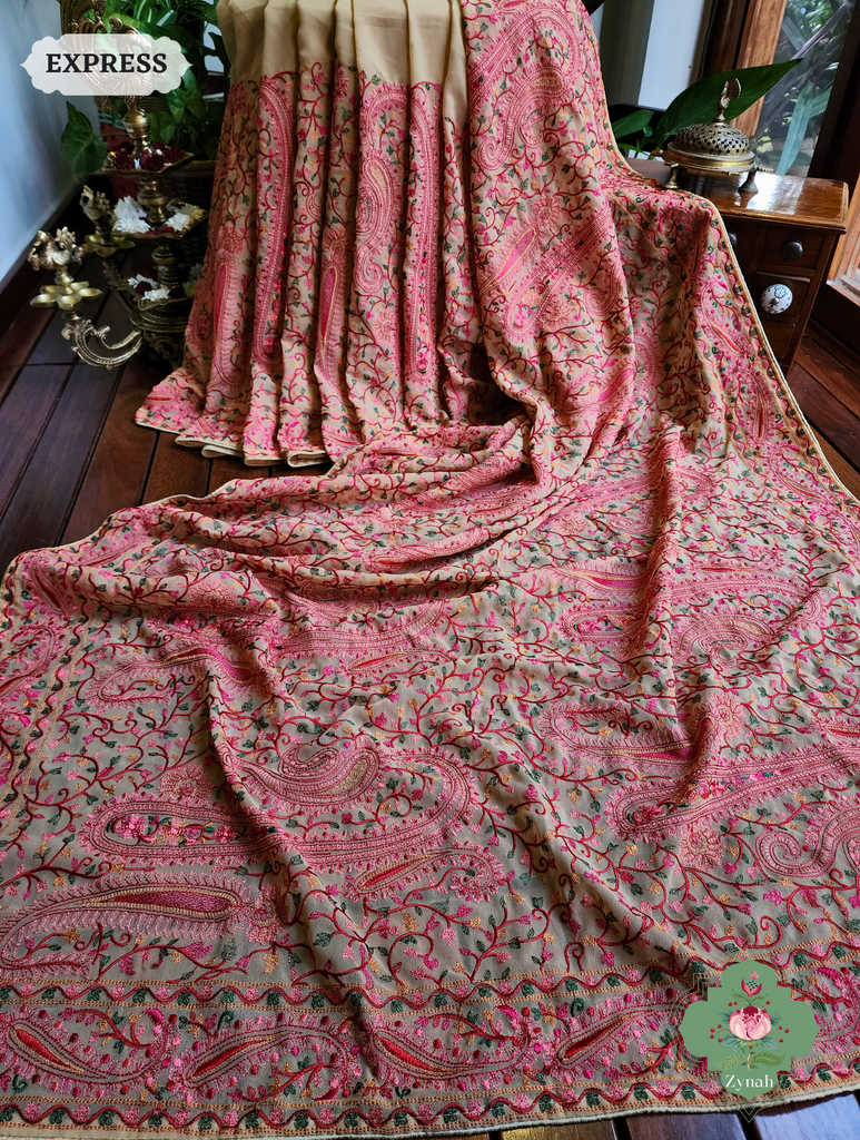 Beige Georgette Saree With Kashida Inspired Embroidery 1