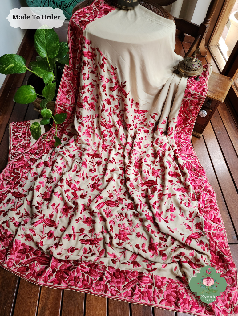 Zynah Made To Order Beige / Hot Pink Pure Crepe Silk Hand Embroidered Authentic Parsi Gara Saree; Custom Stitched/Ready-made Blouse, Fall, Petticoat; SKU: 2008202505