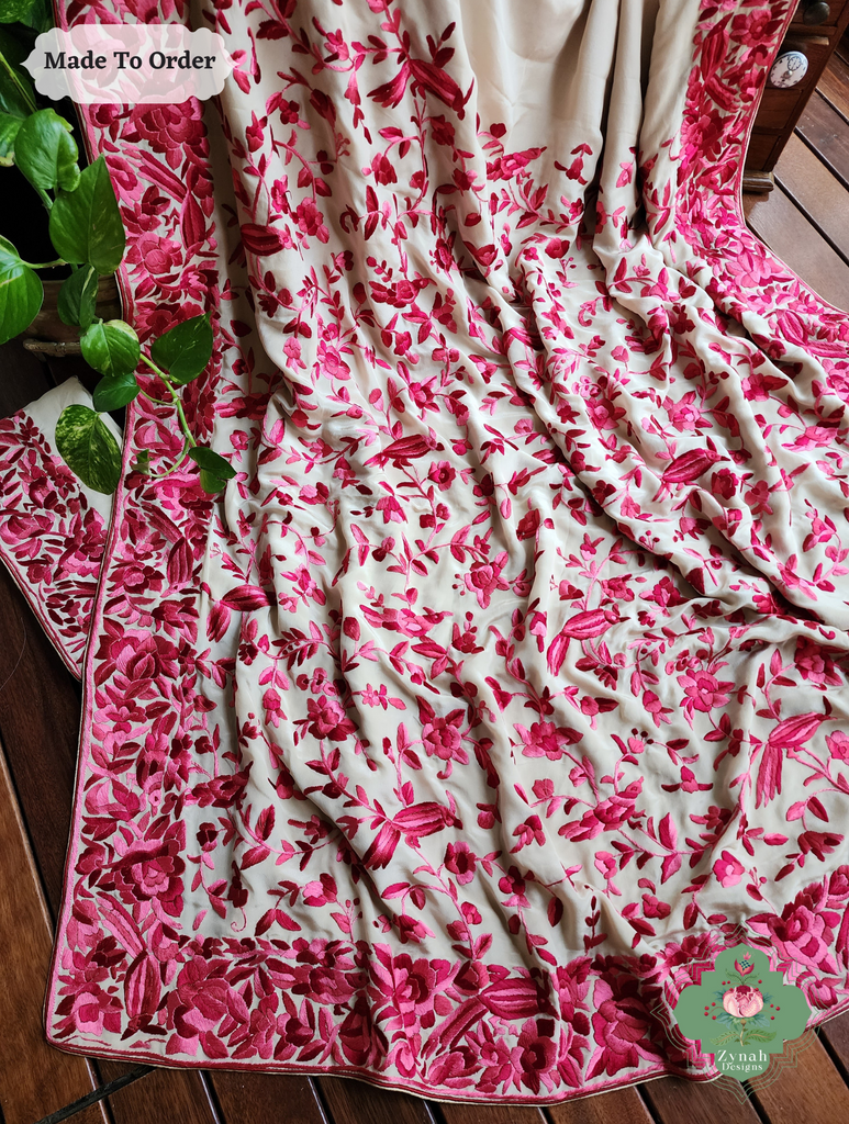 Zynah Made To Order Beige / Hot Pink Pure Crepe Silk Hand Embroidered Authentic Parsi Gara Saree; Custom Stitched/Ready-made Blouse, Fall, Petticoat; SKU: 2008202505