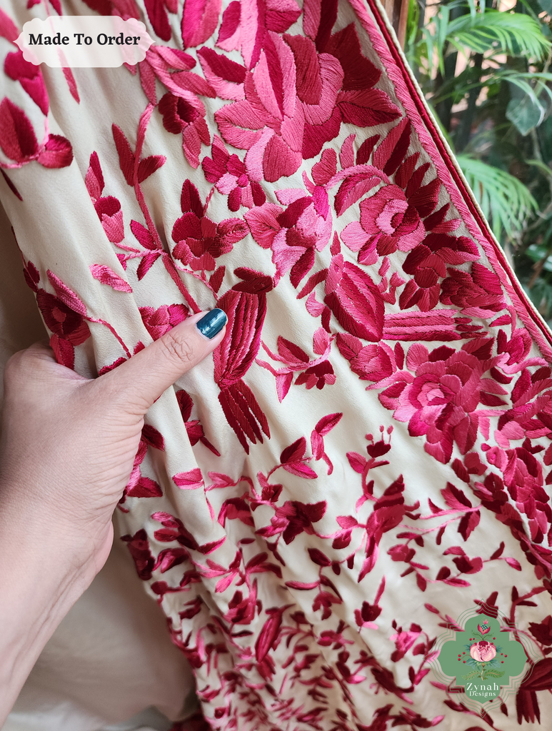 Zynah Made To Order Beige / Hot Pink Pure Crepe Silk Hand Embroidered Authentic Parsi Gara Saree; Custom Stitched/Ready-made Blouse, Fall, Petticoat; SKU: 2008202505