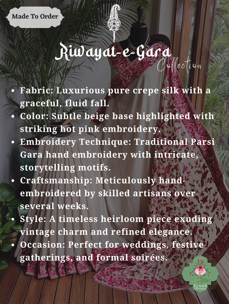 Zynah Made To Order Beige / Hot Pink Pure Crepe Silk Hand Embroidered Authentic Parsi Gara Saree; Custom Stitched/Ready-made Blouse, Fall, Petticoat; SKU: 2008202505