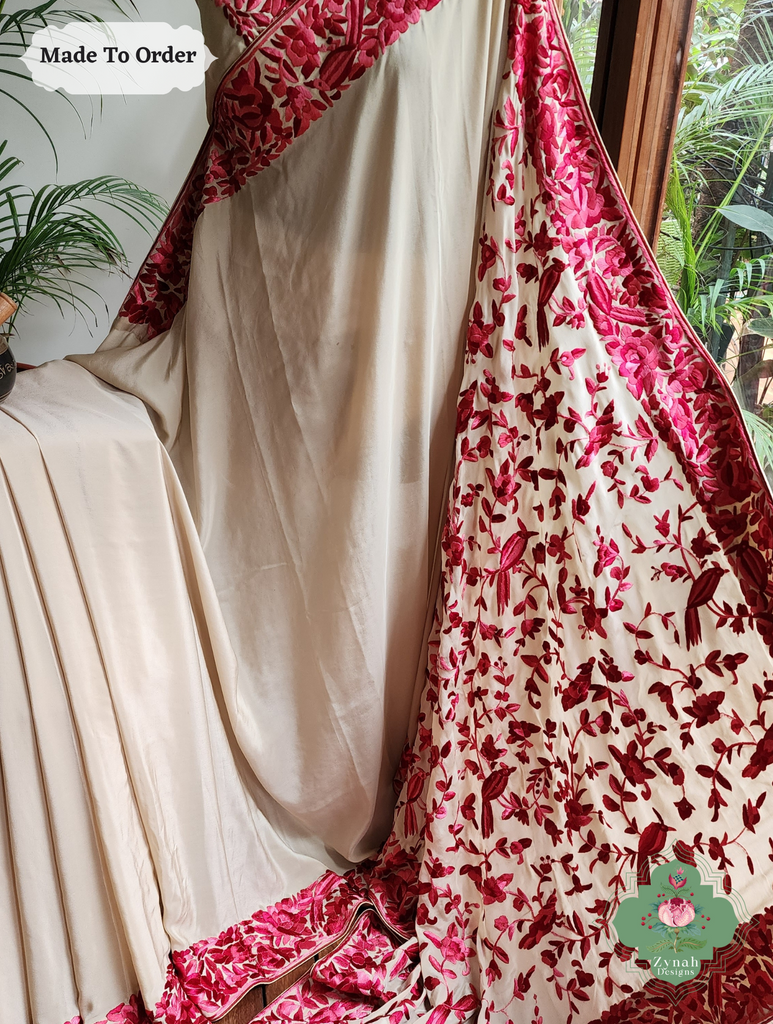 Zynah Made To Order Beige / Hot Pink Pure Crepe Silk Hand Embroidered Authentic Parsi Gara Saree; Custom Stitched/Ready-made Blouse, Fall, Petticoat; SKU: 2008202505