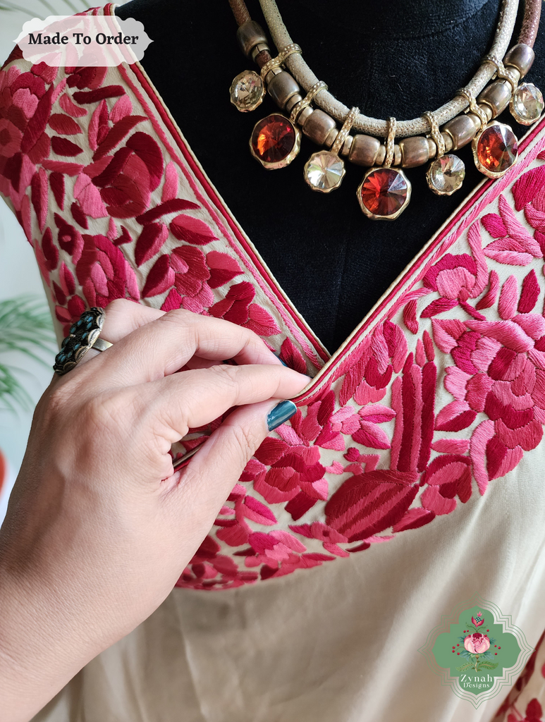 Zynah Made To Order Beige / Hot Pink Pure Crepe Silk Hand Embroidered Authentic Parsi Gara Saree; Custom Stitched/Ready-made Blouse, Fall, Petticoat; SKU: 2008202505