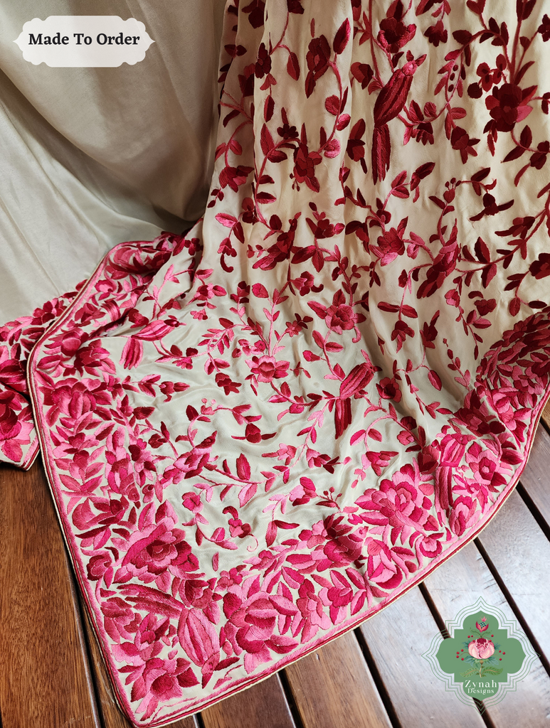 Zynah Made To Order Beige / Hot Pink Pure Crepe Silk Hand Embroidered Authentic Parsi Gara Saree; Custom Stitched/Ready-made Blouse, Fall, Petticoat; SKU: 2008202505