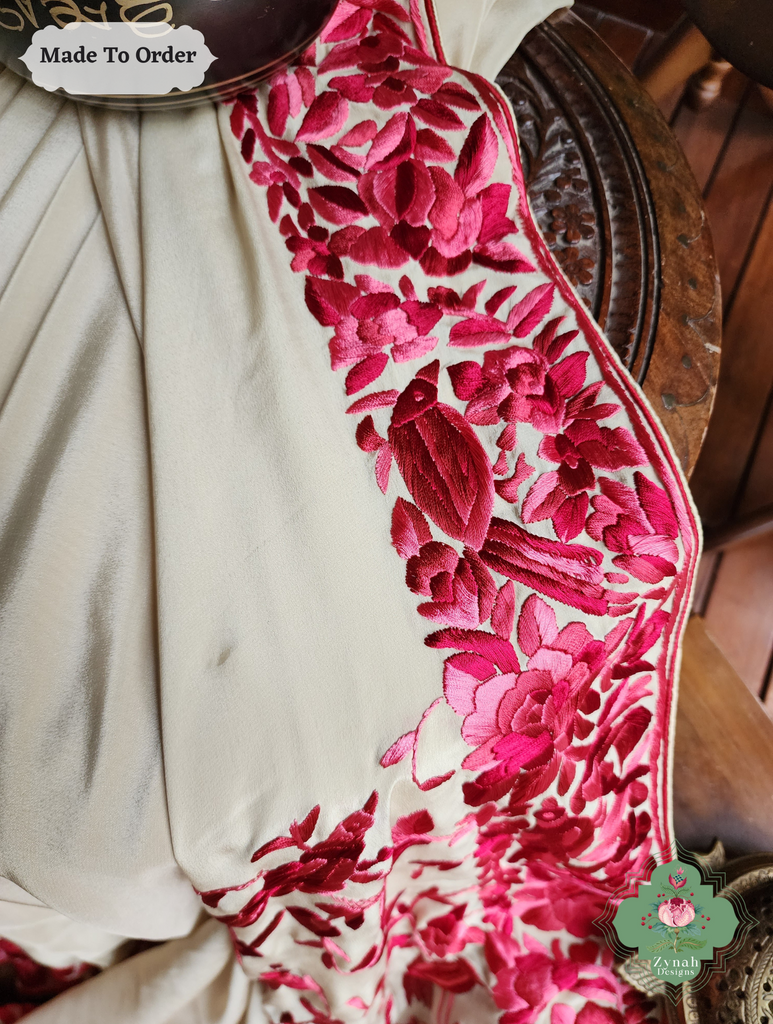 Zynah Made To Order Beige / Hot Pink Pure Crepe Silk Hand Embroidered Authentic Parsi Gara Saree; Custom Stitched/Ready-made Blouse, Fall, Petticoat; SKU: 2008202505