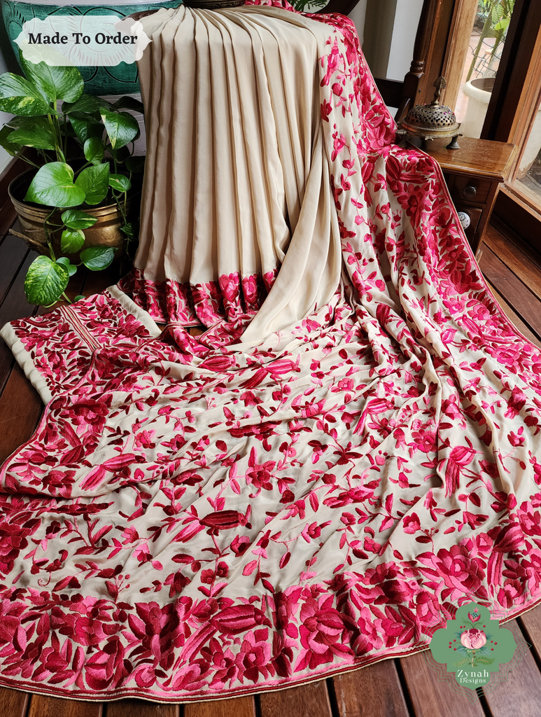 Zynah Made To Order Beige / Hot Pink Pure Crepe Silk Hand Embroidered Authentic Parsi Gara Saree; Custom Stitched/Ready-made Blouse, Fall, Petticoat; SKU: 2008202505